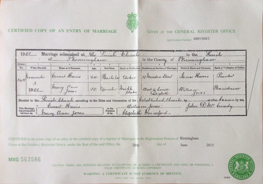 Marriage Certificate for Ernest Harris and Mary Ann Jones (26717)